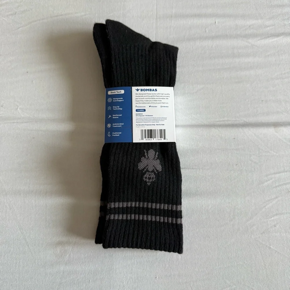 Bombas Black Crew Calf Socks Honeycomb Arch Support Size XL 13-16 Cushioned Foot